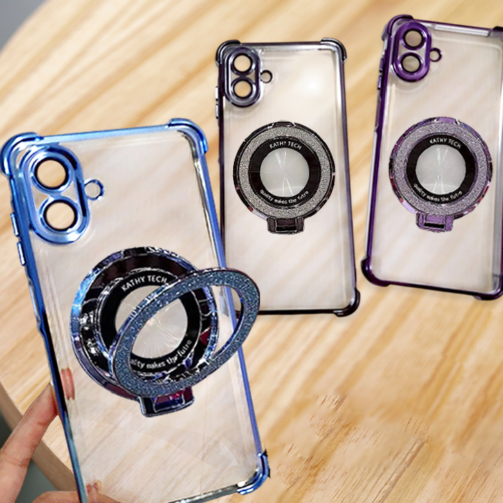 Case เคสใสขอบเงา Samsung A05s A06 A07 A16 A17 A26 A36 A54 A55 A56 ขาตั้งแม่เหล็กกากเพชรทรงกลมตั้งได้มีกาวในตัว
