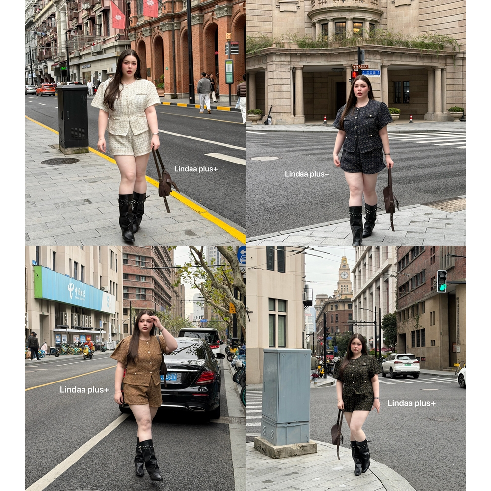 ชุดเซ็ทผ้าทวิตเสื้อ+กางเกงขาสั้น หรูหราดูแพงสุดๆ ใส่ได้ทุกโอกาส เสื้อผ้าสาวอวบอ้วน พลัสไซส์ ไซส์ใหญ่ LP