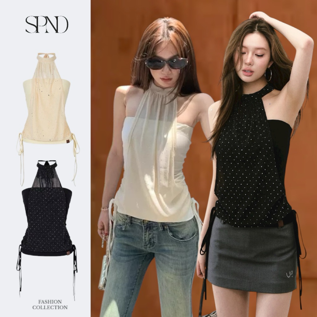 SPND【พร้อมส่ง】เสื้อคล้องคอเนื้อผ้าชีฟองลื่นเบาแต่งกลิตเตอร์วิปวับ ทรงเข้ารูป ลุคเรียบหรูดูแพงมี2สี (9435)