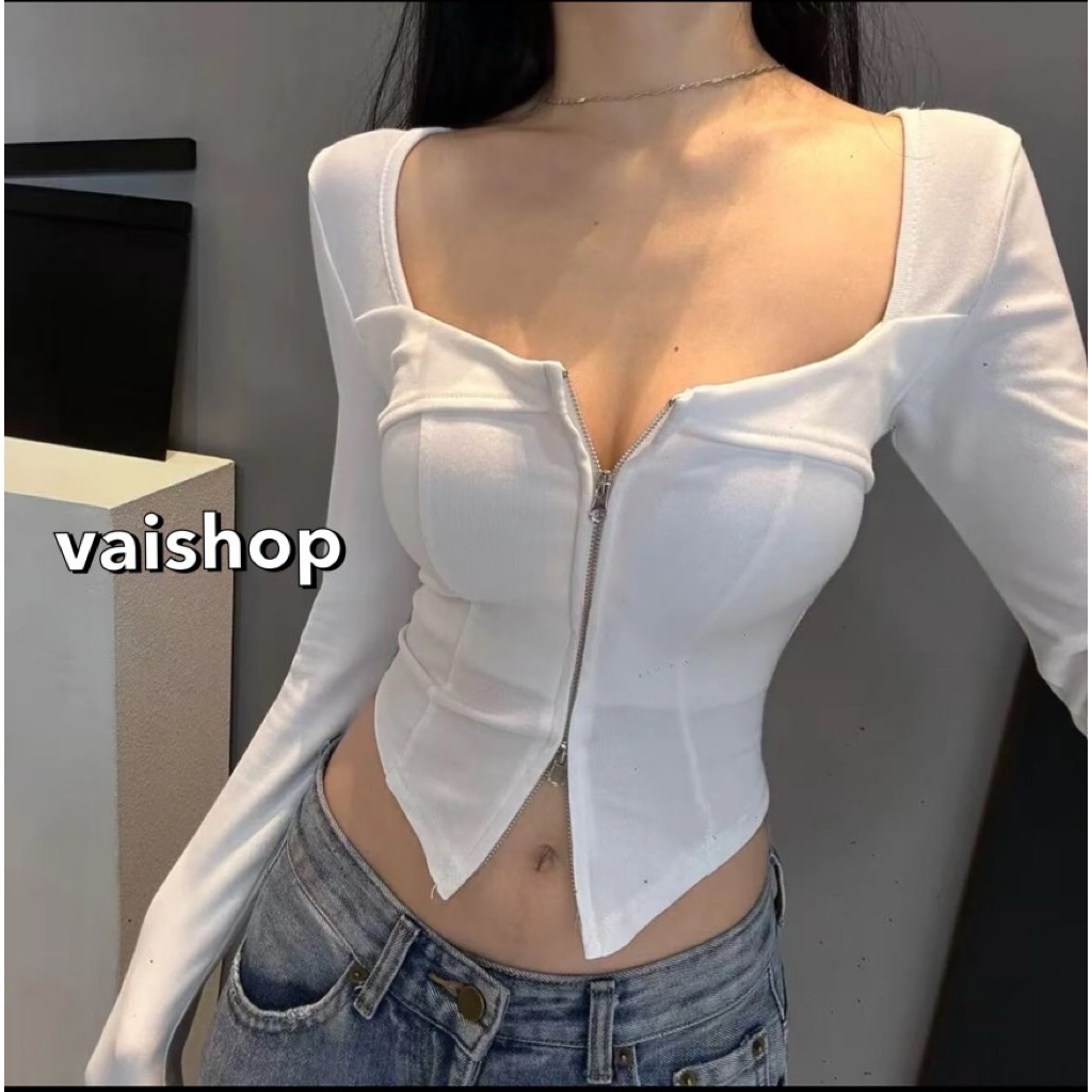 เสื้อครอปแขนยาวผ้ายูนิ คอเหลี่ยม งานซิปเสริมฟองน้ำ(ซิปรูดได้ทั้งบนและล่าง)  LB 30 vai shop