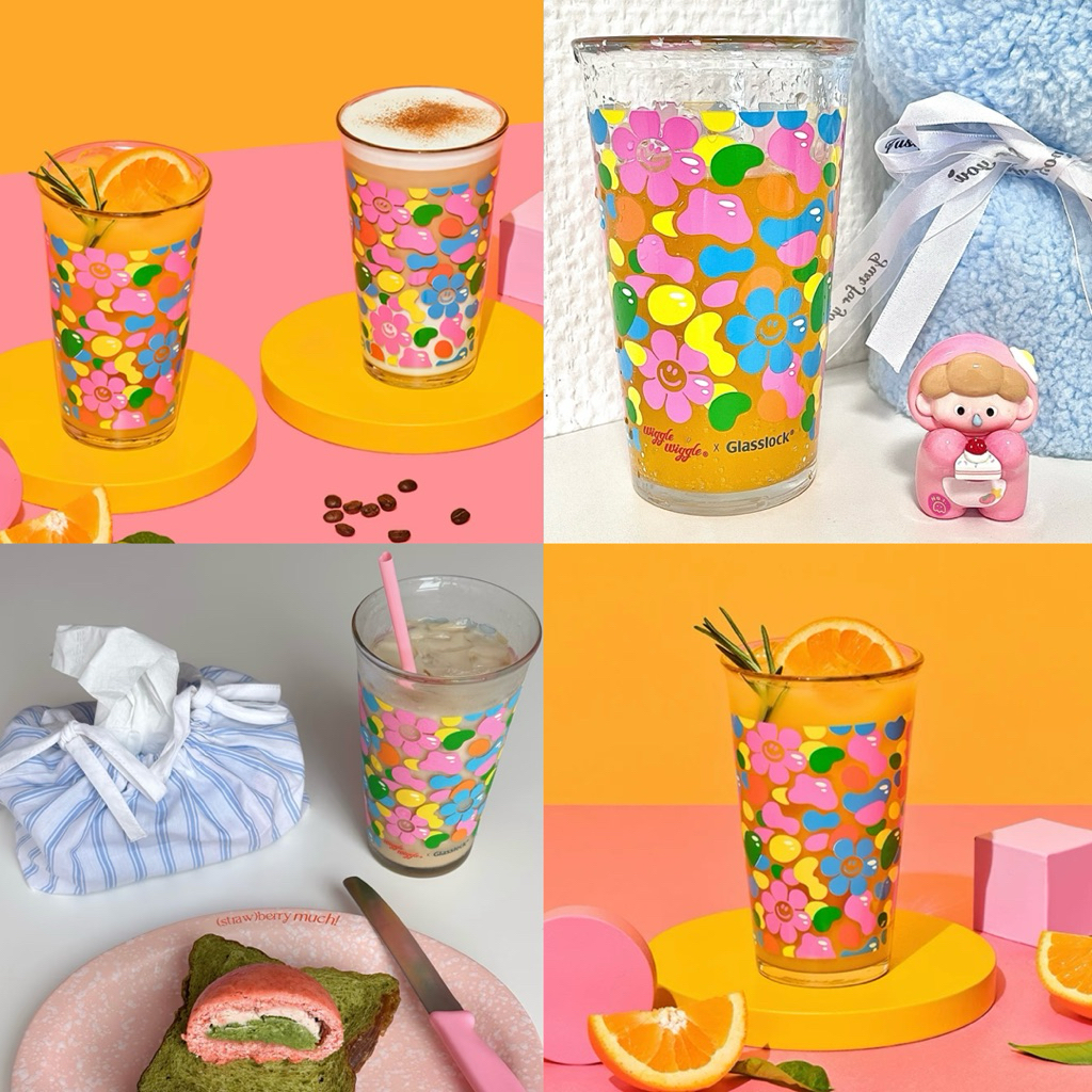 พร้อมส่ง แก้วลายดอกไม้ยิ้ม Wiggle Wiggle x Glasslock ของแท้ แก้วน่ารัก แก้วคาเฟ่ เกาหลี Smile Jelly ของขวัญ 71060
