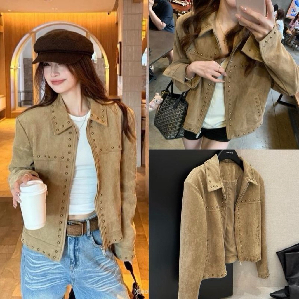 BY0391 Jacket หนังกลับหมุดทอง โอเวอร์ ทรงปล่อย benly co