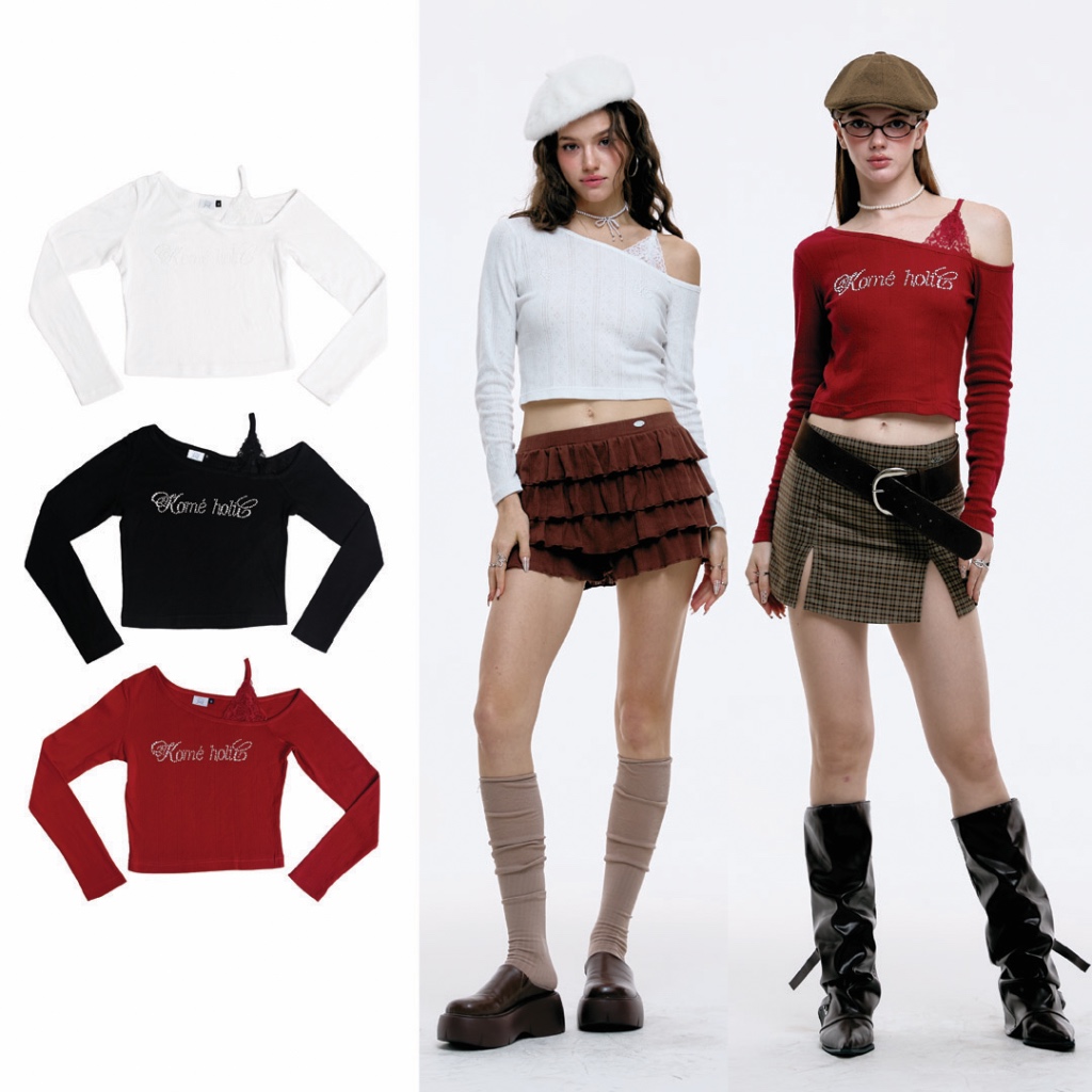 kome.offi (S-4XL) เสื้อปาดไหล่สายเดี่ยวลูกไม้ รุ่น Komé holic top