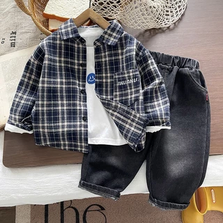 MooDeng Baby เซ็ตแขนยาว ปักลาย คอปก ลายสก็อต 2 สีเทา สีกรม เซท 2 ชิ้น เสื้อแขนยาว+ กางเกงขายาว ใส่เที่ยว ชุดเซทสุดเท่