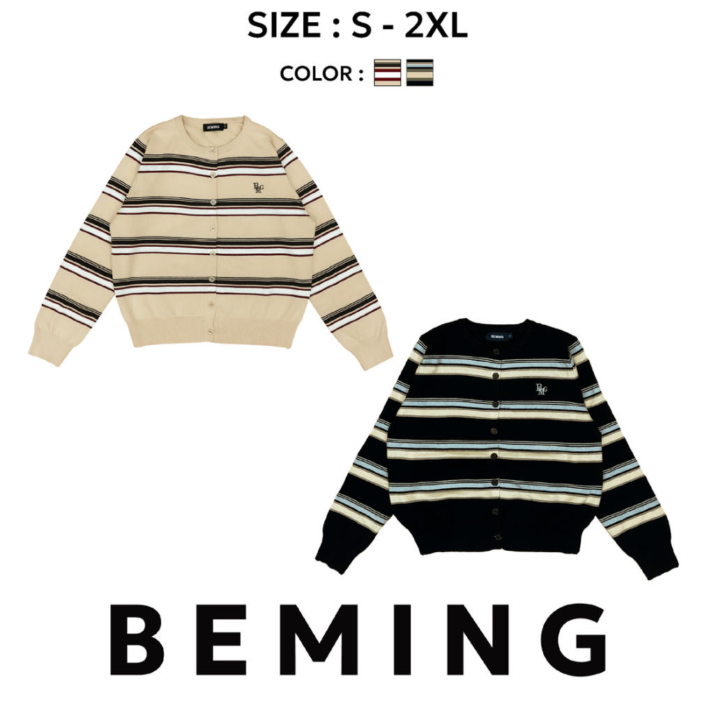 Bemingtop1043(S-2XL)-BEMING Retro Line Knit เสื้อคาดิแกนลายขวางสุดคลาสสิก เติมลุควินเทจ