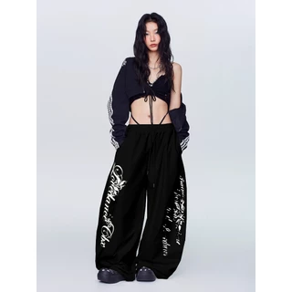 [Letter print, wide-leg athletic pants]กางเกงกีฬาขากว้างลำลองพิมพ์ลายตัวอักษรสไตล์สตรีทสำหรับผู้หญิง