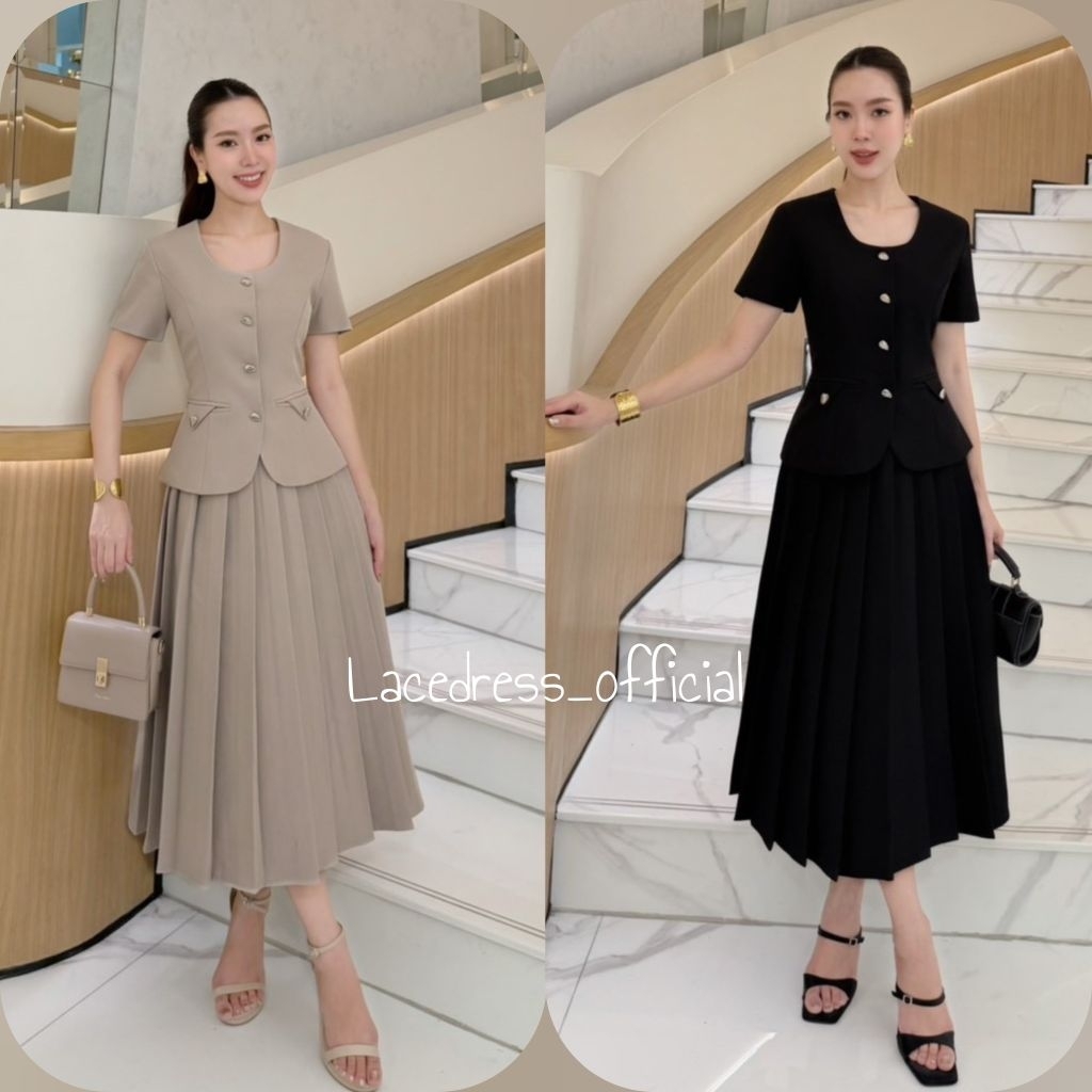 Shimmer ● ชุดเซ็ตเสื้อแขนสั้น+กระโปรงยาวจับจีบ