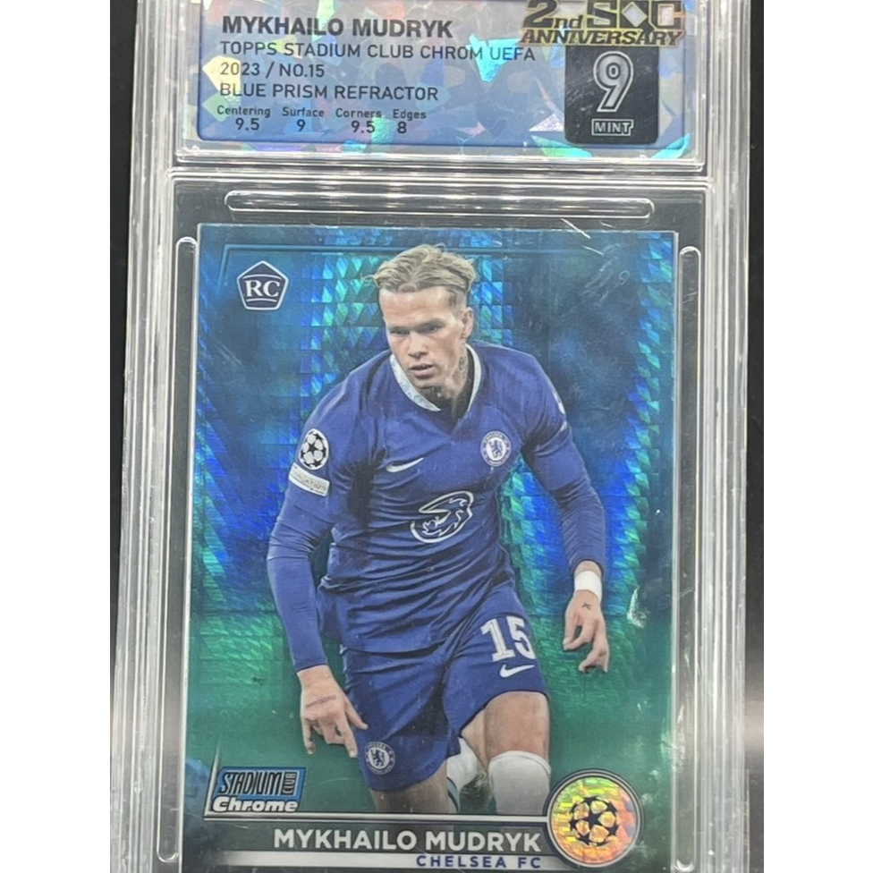 ⚽ Mykhailo Mudryk 2023 Stadium Club Chrome Blue Prism #15 CHELSEA SOC 9 MINT การ์ด มูดริค (RC Parall