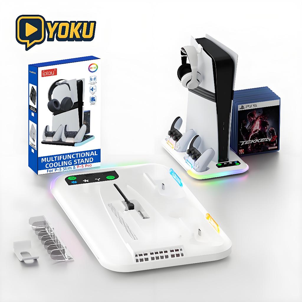 ฐานระบายความร้อน PS5 Pro / Slim พร้อมไฟ RGB | ที่ชาร์จจอย + ช่องเก็บหูฟัง & แผ่นเกม | Cooling Stand สำหรับ PS5 Console
