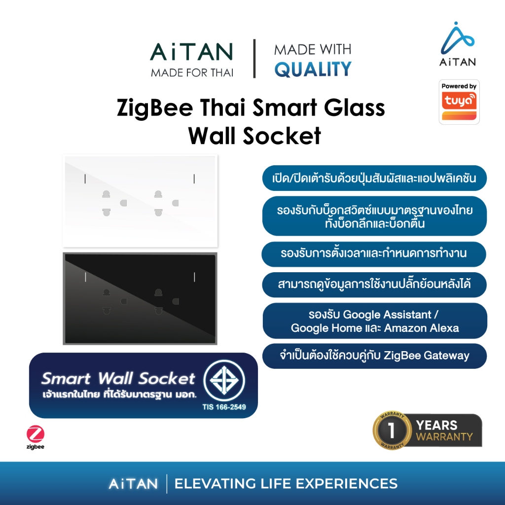 AiTAN X TUYA Zigbee Thai Smart Glass Wall Plug Socket (ปลั๊กติดผนัง)