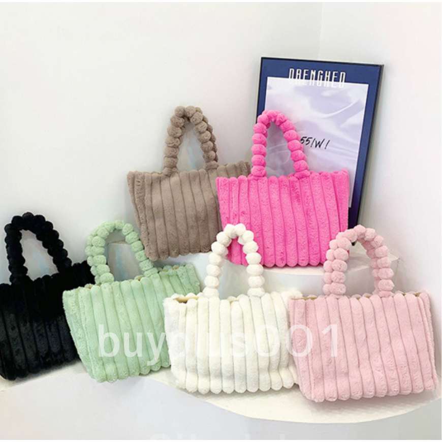 buyplus001 กระเป๋าสะพายไหล่ ความจุขาดใหญ่  กระเป๋าผ้า ขนฟู ขนนิ่ม ลายทาง เรียบหรู พร้อมส่งในไทย B-057 ราคา ถูกที่สุด ดีลบีเคเค แกลเลอรีภาพที่ 3
