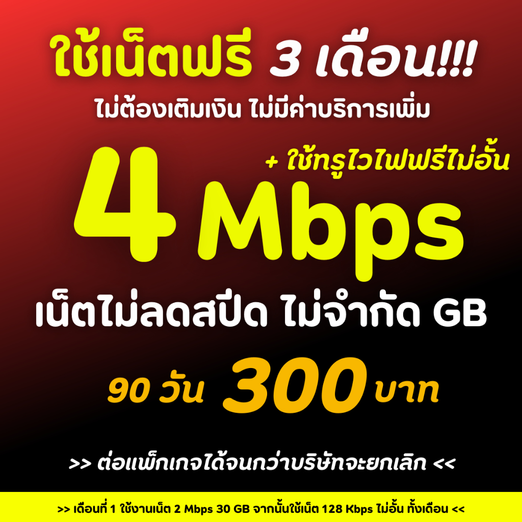 ซิมเทพทรู True 1000 Mbps เน็ตไม่อั้น ไม่ลดสปีด เดือนละ 200 บาท ใช้ฟรีทรูไวไฟ ฟรีทรูไอดี 30 วัน