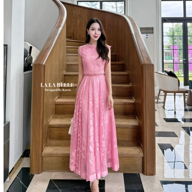 LA LA BELLE Setลูกไม้คอกลมแขนกุดลายดอกไม้สีชมพู