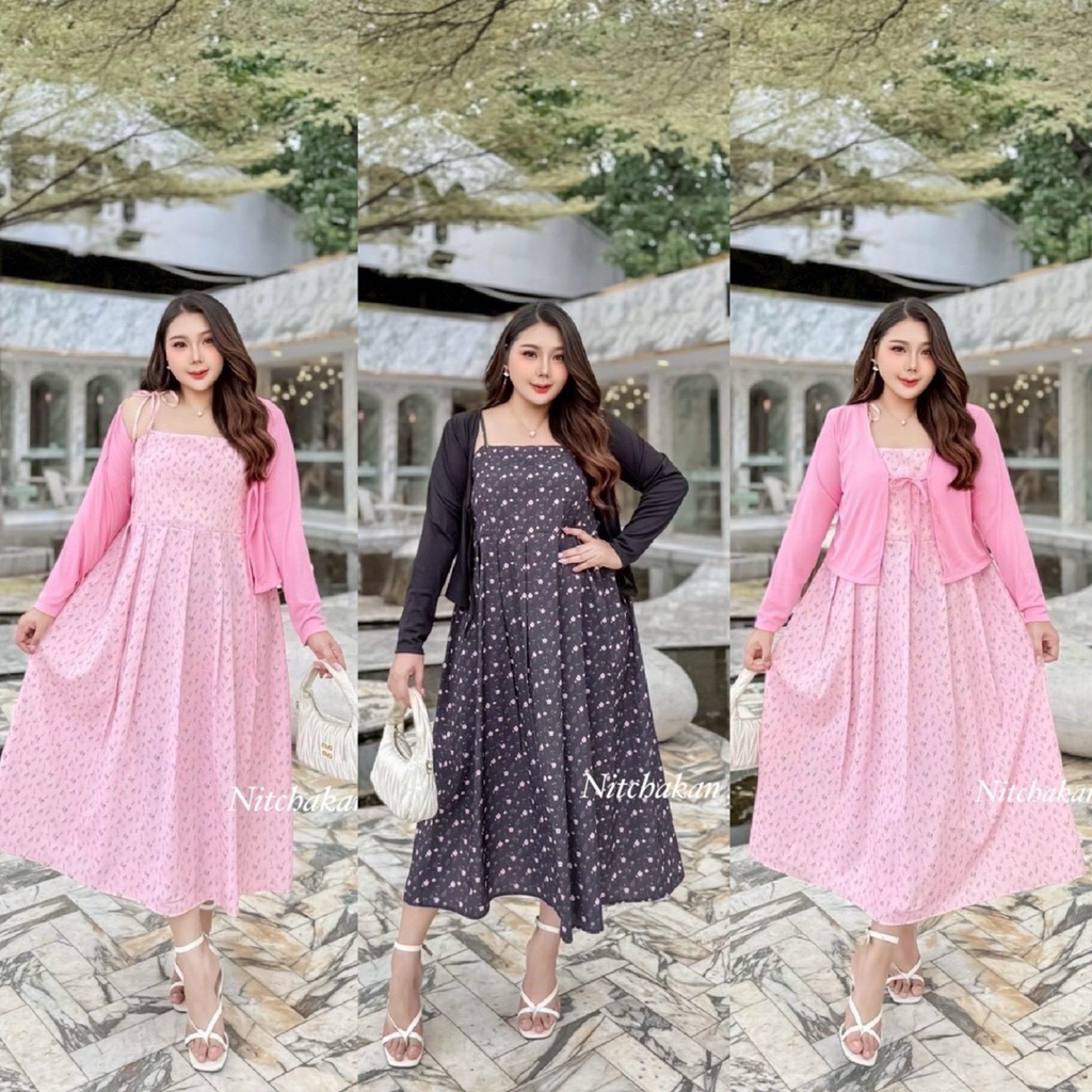 (NK) เดรสยาวลายดอกไม้+เสื้อคลุมแบบผูก (อก40-60“) สวย หวาน พรางหุ่นมาก เจ้าหญิงสุดๆ เสื้อผ้าสาวอวบอ้วน พลัสไซส์ ไซส์ใหญ่