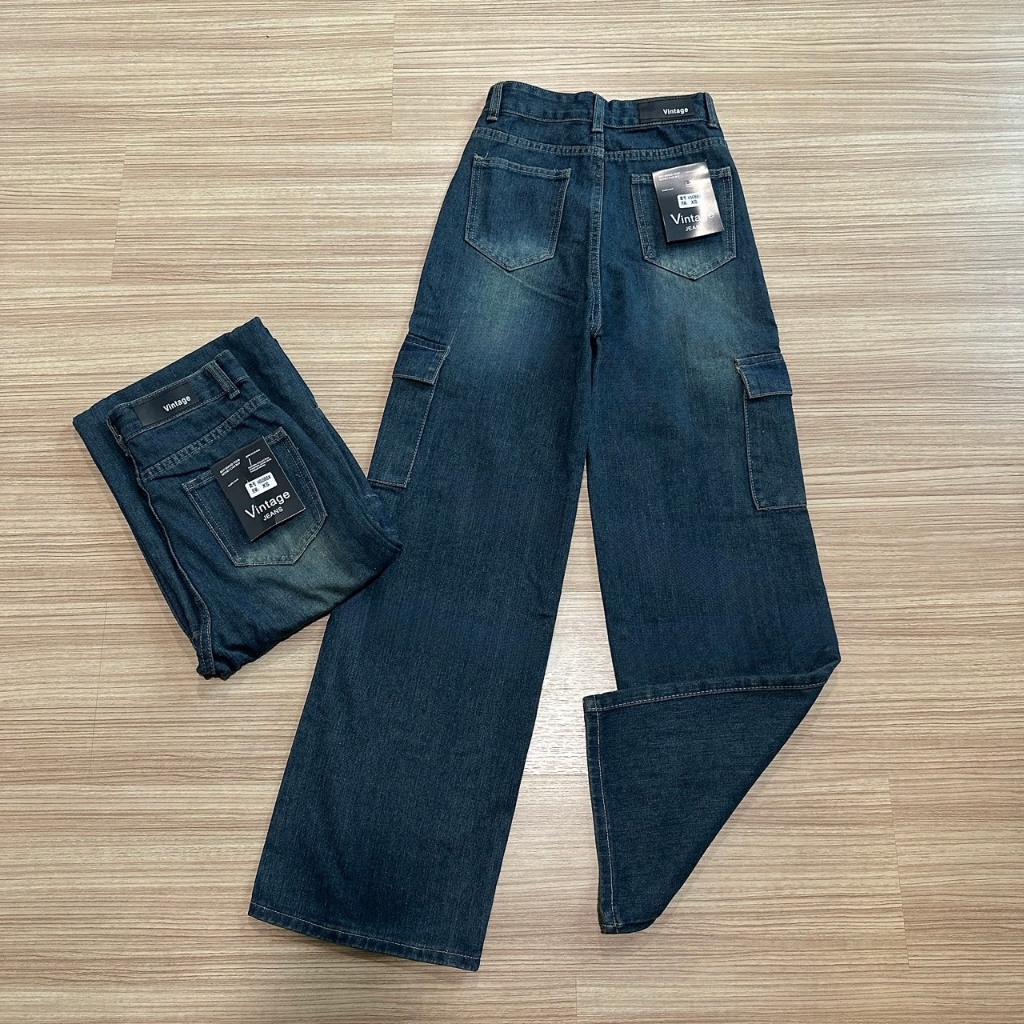 Vintage รุ่น H5088 กางเกงยีนส์ คาร์โก้ ทรงกระบอก สีสนิม แต่งเฟดขา ทรงสวยผ้าไม่ยืด กระเป๋าตรง 2 ใบ - รูปที่ 5