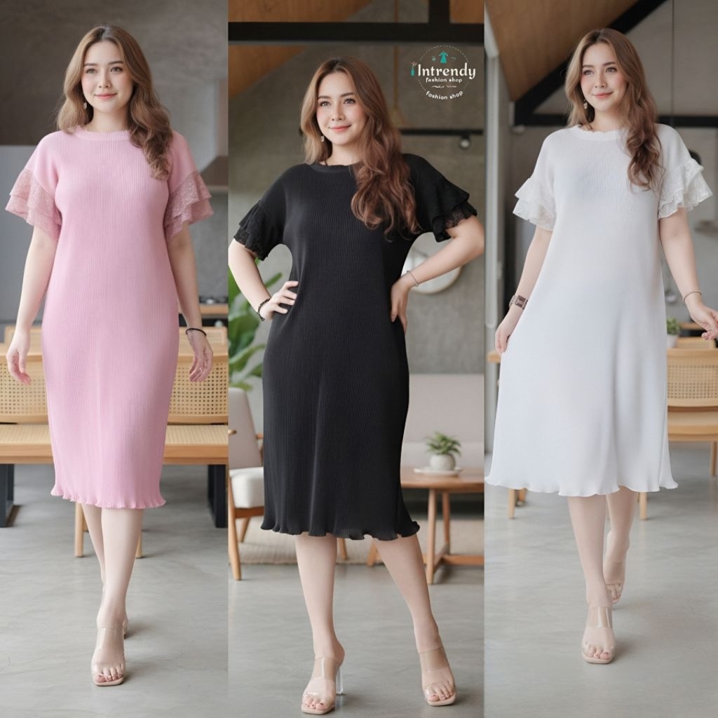 พร้อมส่ง.เดรสพลีทแขนลูกไม้ระบาย 2 ชั้นสาวอวบ B11 อก:34 - 52 นิ้ว.