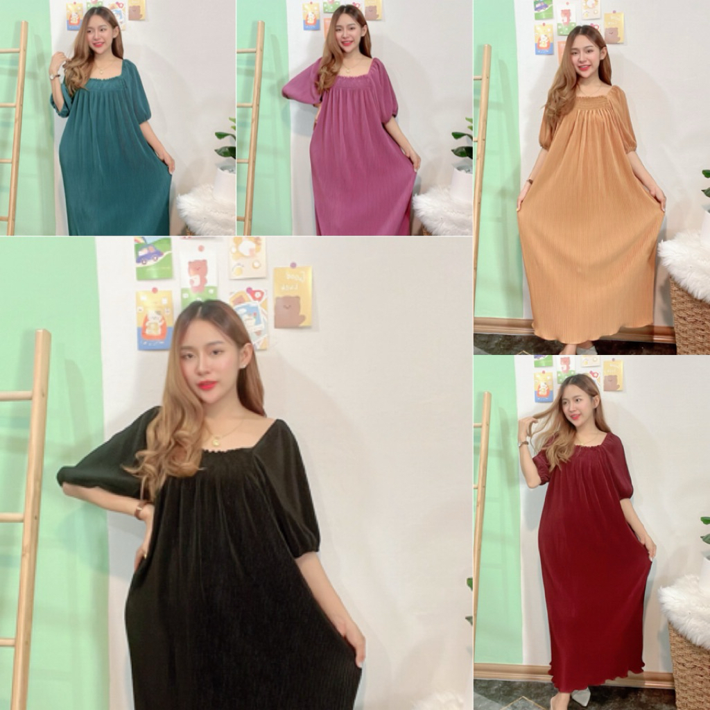 Maxidress แฟชั่นชุดเดรสผ้าอัดพลีทสีพื้นb246 b340 แพทเทิร์นแขนตุ๊กตายืดฟรีไซด์ สาวอวบใส่สวย คนท้องใส่ได้ ใส่ออกงาน