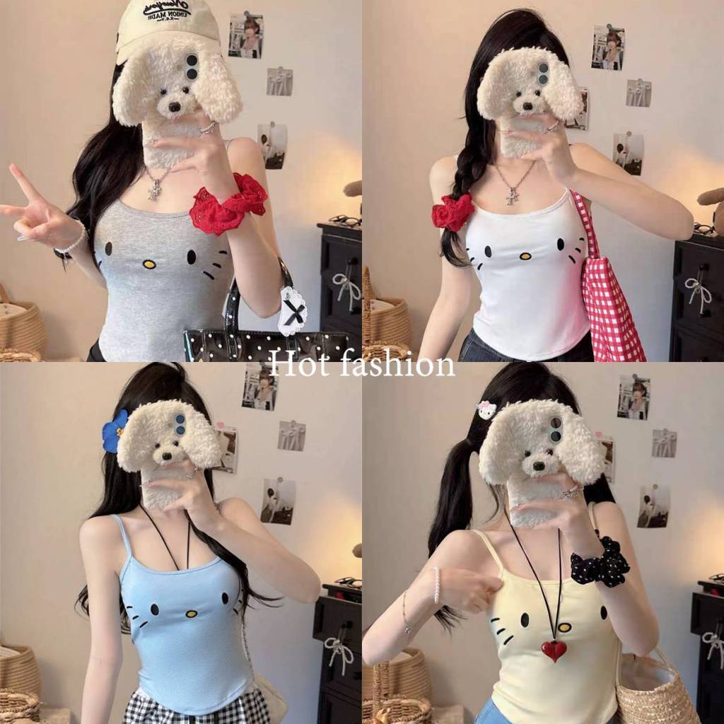 'พร้อมส่ง'🔥 Kitty เสื้อสายเดี่ยว ดีเทลลายแมวน่ารักฟรีไซส์มีฟองน้ำในตัว บางเบา ระบายได้ดี สุดฮิต FY3702 - รูปที่ 4