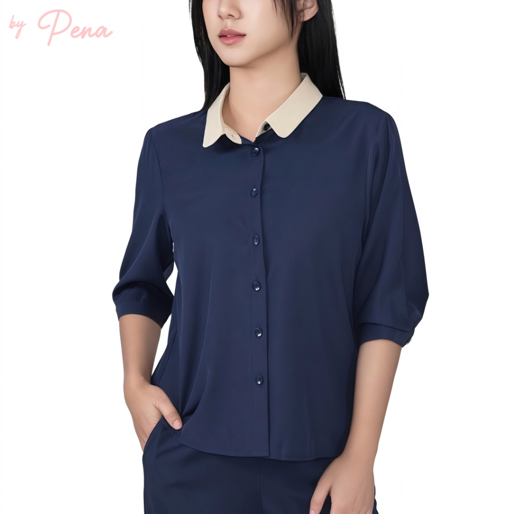By Pena เสื้อเชิ้ตแขนสามส่วน คอปกทูโทนสไตล์วินเทจ BPSL102501