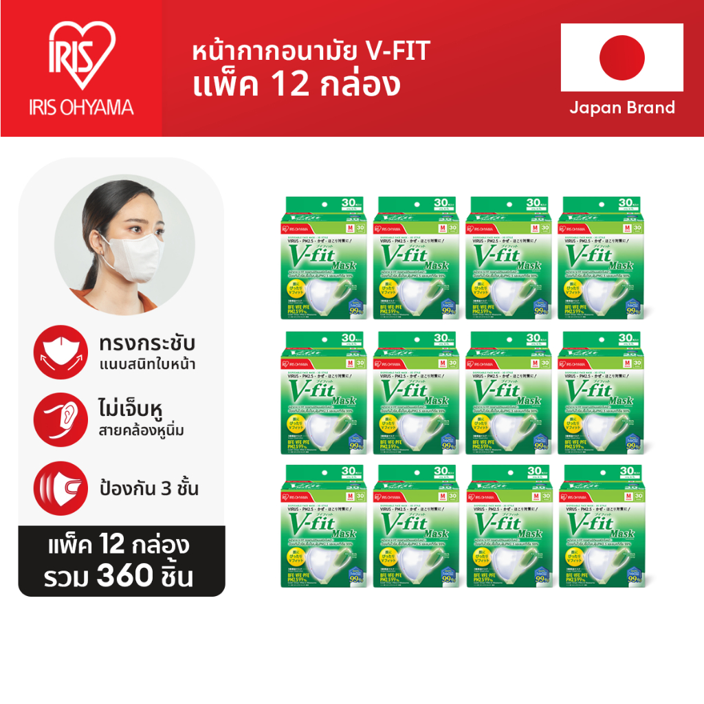 IRIS OHYAMA ไอริส โอยามะ หน้ากากอนามัย V-fit ใส่สบาย กระชับ แบบกล่อง 30 ชิ้น แพค 12 กล่อง