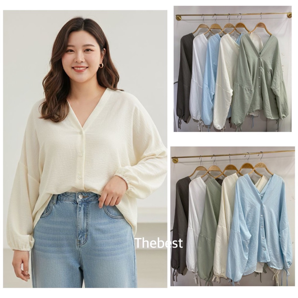 เสื้อคอวีแขนยาวผูกโบว์ Bigsize อก 42-50+