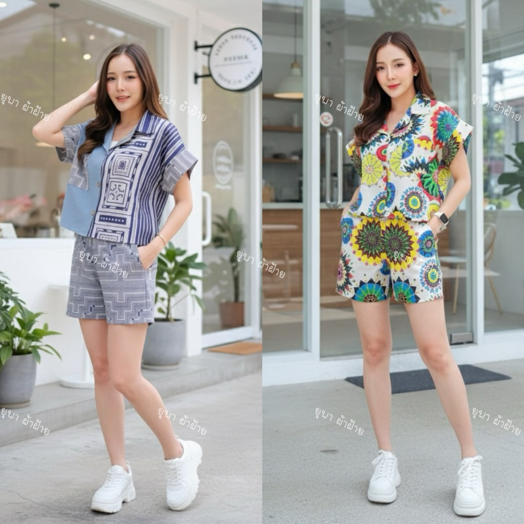 ชุดเซ็ดเสื้อผ้าฝ้ายพิมพ์ลาย ชุดสงกรานต์
