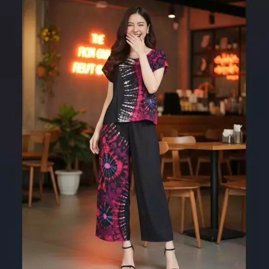เซทมัดย้อมขายาว ผ้าเมมเบิร์ตสปันกัดลาย เสื้อแขนล้ำ+กางเกงขายาว thumbnail 8