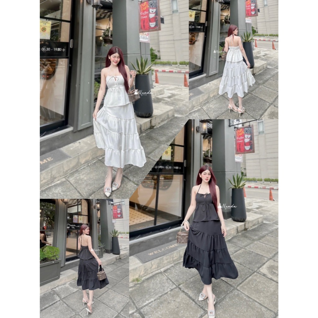 【NUNDA SHOP】 NDS 41669 Set ผูกคอรูดโบว์หน้า  สม็อคด้านหลัง สวย น่ารัก เหมาะกับ บรรยากาศทะเล คาเฟ่