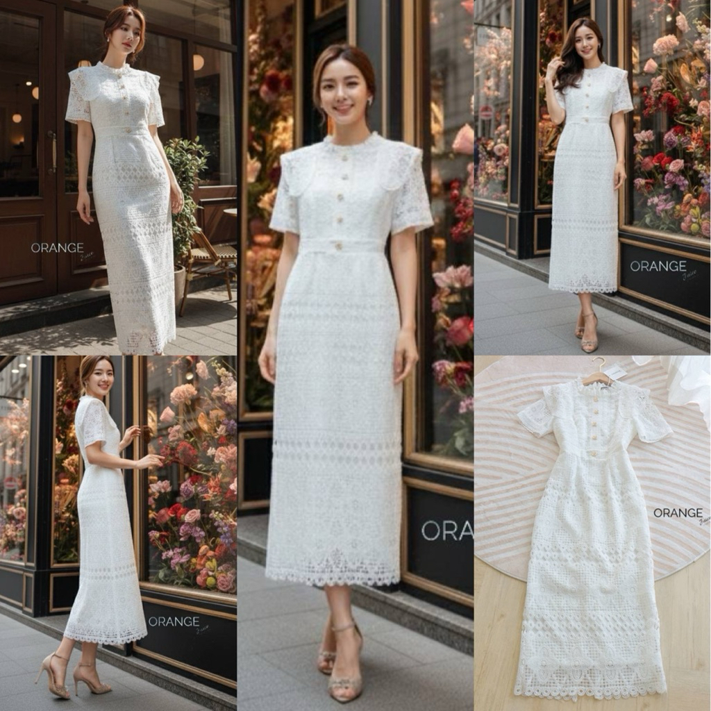 🧡พร้อมส่ง S-4XL🧡ป้าย Orange Juice💕เดรสลูกไม้สีขาว ทรงสอบ แต่งระบายไหล่ งานน่ารัก เรียบหรู