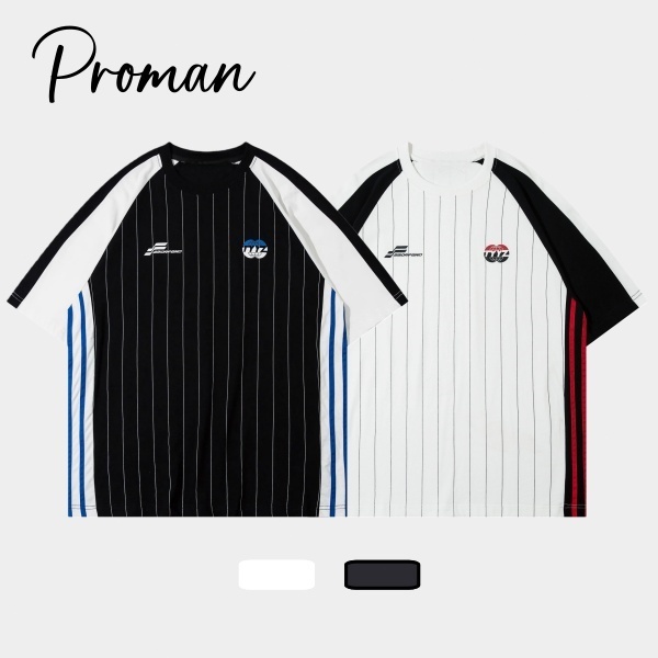 Proman [ 2 สี COD ]american แนววินเทจ ลายทาง เสื้อยืด แบบหลวม แขนสั้นผู้ชาย รุ่นเดียวกัน Bf Hiphop เสื้อท่อนบน