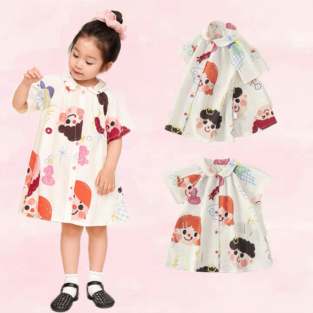 BB156 เดรสเชิ้ตลายน่ารัก เดรสเด็กหญิง น่ารัก แนวหวานๆ ชุดเดรสเด็กหญิง ลายการ์ตูนน่ารัก สไตล์เกาหลี ผ้าระบายอากาศดี