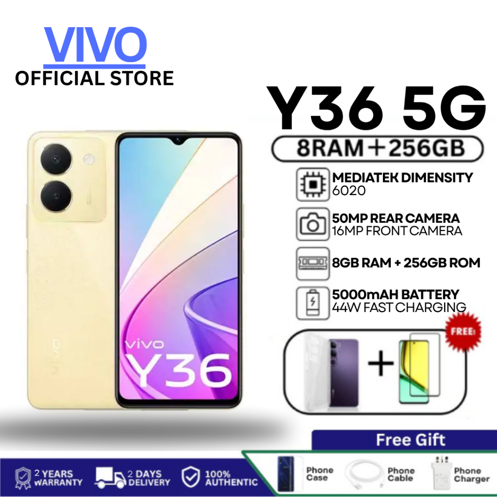 vivo Y36 5G สมาร์ทโฟน｜หน้าจอ 6.64 นิ้ว FHD+｜แบต 5000mAh｜ชาร์จเร็ว 44W｜RAM 8GB + ROM 256GB｜กล้องหลัง 50MP｜รองรับเครือข่าย