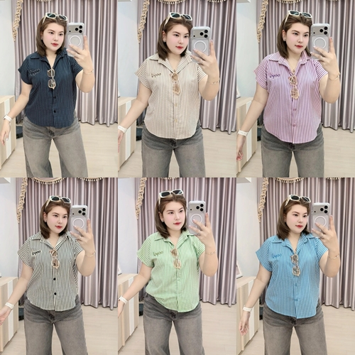 G23 เชิ๊ตคอปกลายริ้วแขนค้างคาว อก 44"-48"-52"