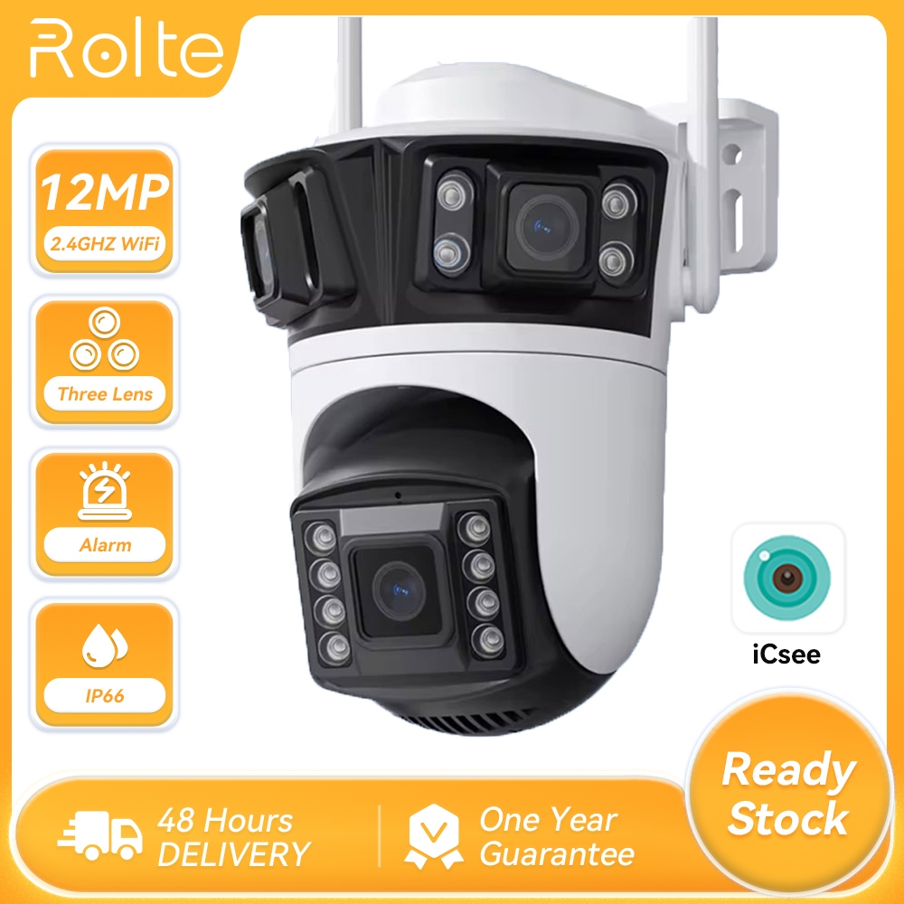 Rolte 6K 12MP HD Triple Lens Camera WiFi IP Camera Outdoor Waterproof Security Video CCTV iCsee APP