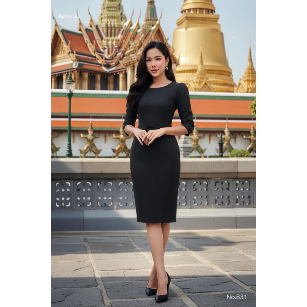 ชุดเดรสผ้าไหมยกดอก ทรงเดรสจิตรดา แขนศอก โบว์เอว  งานอัดกาวทั้งชุดทุกชิ้น ทรงสอบเรียบหรู ซิปซ่อนด้านหลัง (S-5XL) KS831