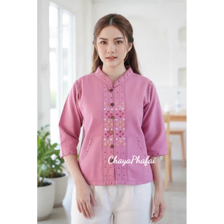 เสื้อผ้าฝ้ายคอจีนแขนสามส่วน ปักลายดอกแก้ว