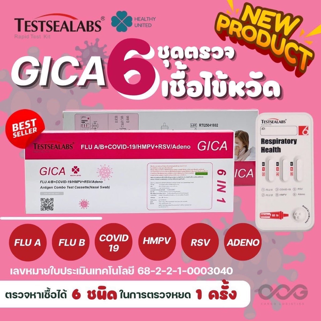 หยดหลุมเดียว ตรวจได้ 6 เชื้อ ชุดตรวจไข้หวัดใหญ่Gica 6in1  HMPV/อะดีโนAdeno/RSV หวัดFlu A/B /Covid-19