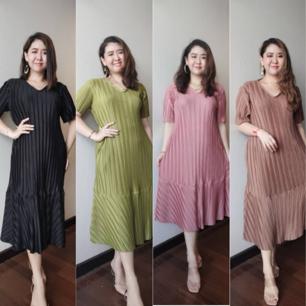 ชุดพลีท Pleated Dress s4ชุดพลีทเนื้อผ้าอัดพลีททวีสคอวีระบายชาย ชุดเดรสคุณแม่ ชุดเดรสสีสุภาพ ชุดทำงาน ชุดพลีทสาวอวบ
