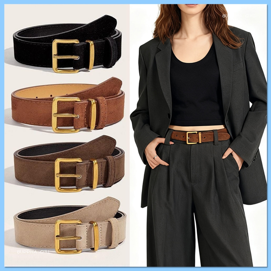 (ส่งจากไทย) Gold buckle belt-พร้อมส่ง ส่งเร็ว 1-2 วันถึง เข็มขัดหนังกลับ เข็มขัดหนังกลับ อะไหล่สีทองวินเทจ เกรดพรีเมียม