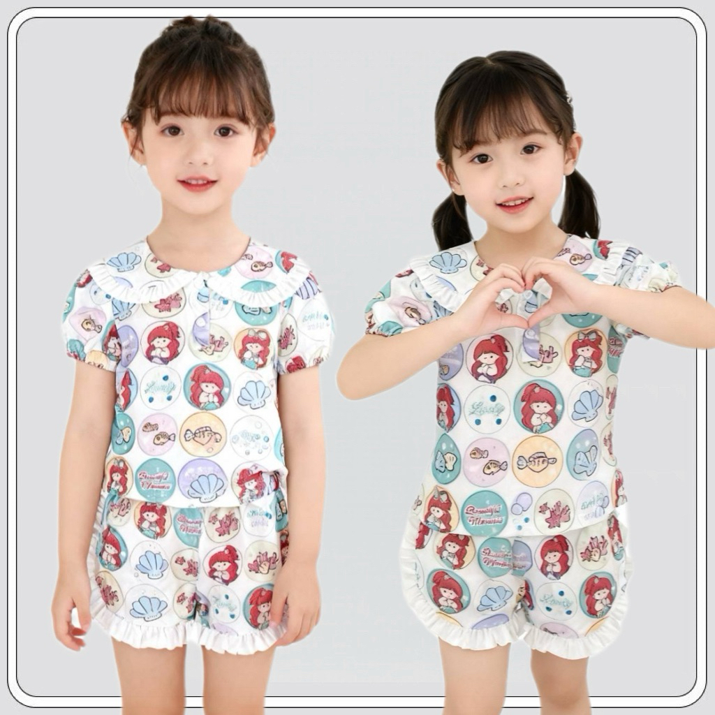 MC110 สินค้าเข้าใหม่ พร้อมส่งจากไทย ชุดสองชิ้น เสื้อ+กางเกงขาสั้น ลายการ์ตูนนางเหงือกน้อย