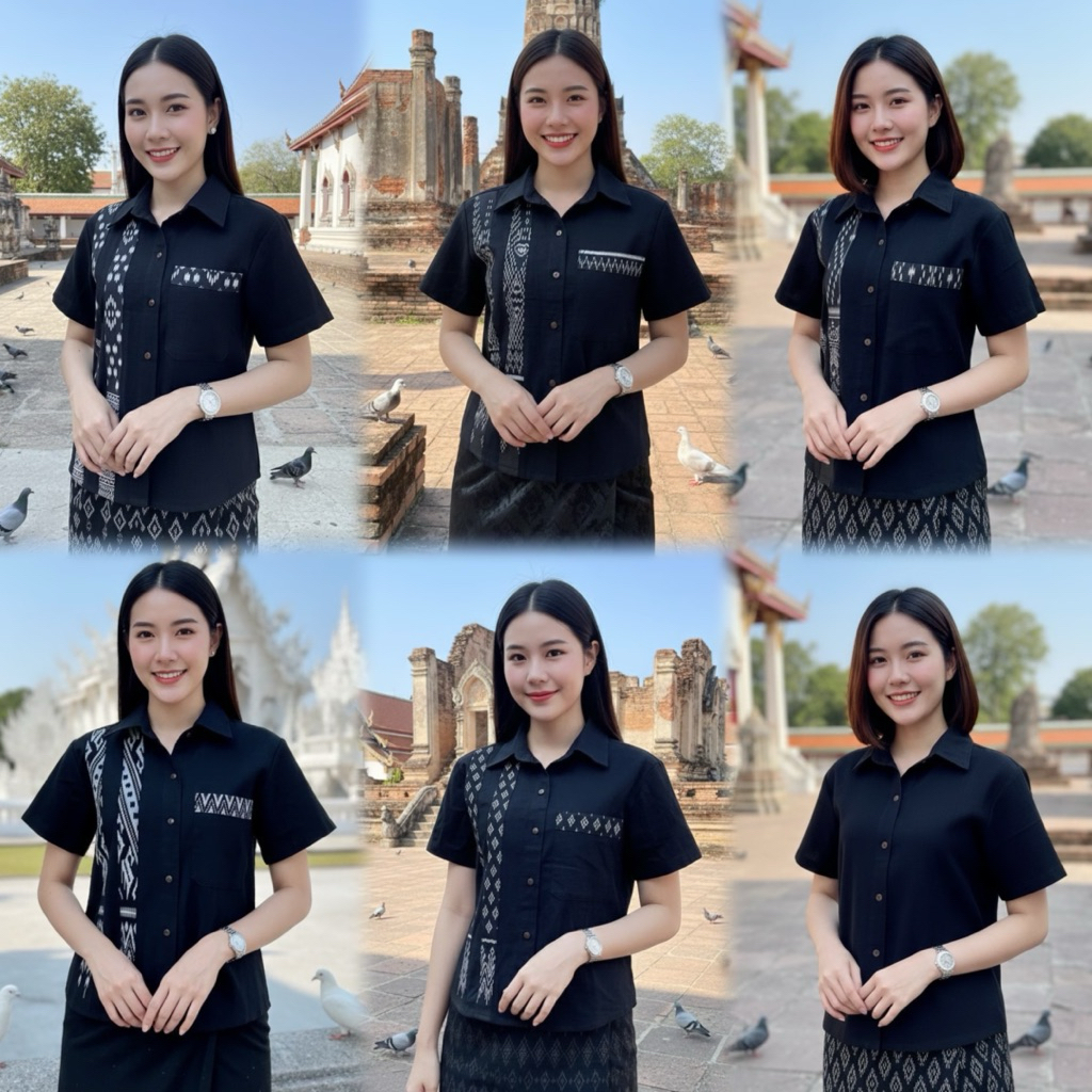เสื้อพื้นเมืองผู้หญิงคอเชิ้ต สีดำ ทูโทน ลายไทย