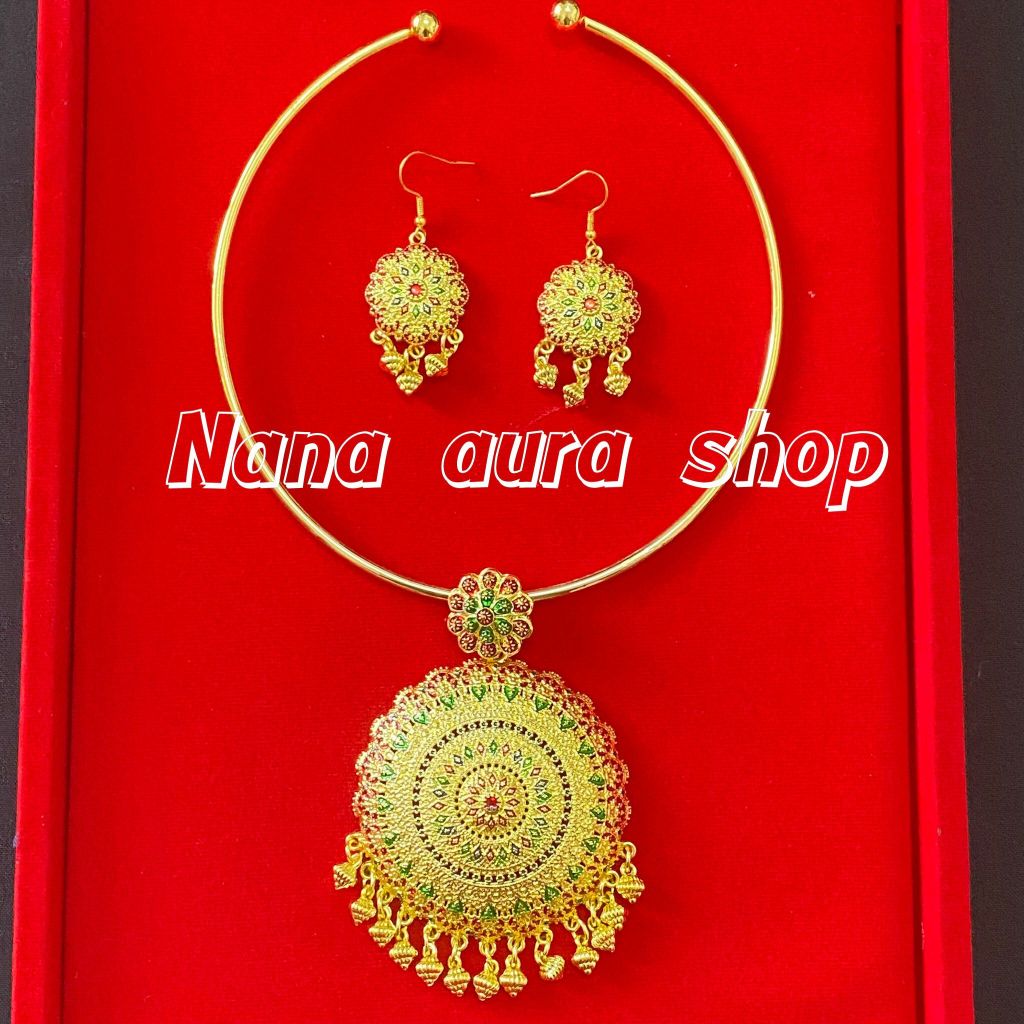 สร้อยคอพร้อมต่างหูแบบห่วง เครื่องประดับชุดไทย สีทองลงยา WW005