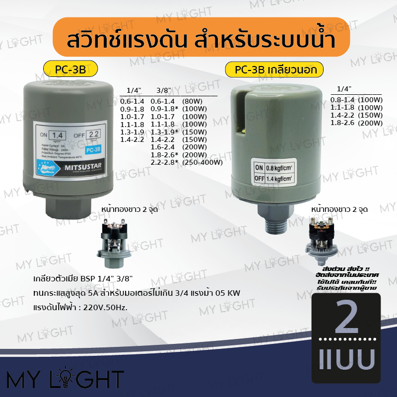 สวิทช์แรงดันปั้มน้ำ สวิตช์แรงดัน ฮิตาชิ มิตซูบิชิ PressureSwitch สวิทช์ออโต้ อะไหล่ปั๊มน้ำ 3/8 1/4 เกลียวในเกลียวนอก