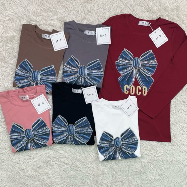 เสื้อยืดคอกลมแขนยาว รีดเพชรลายโบว์ coco ป้าย ME