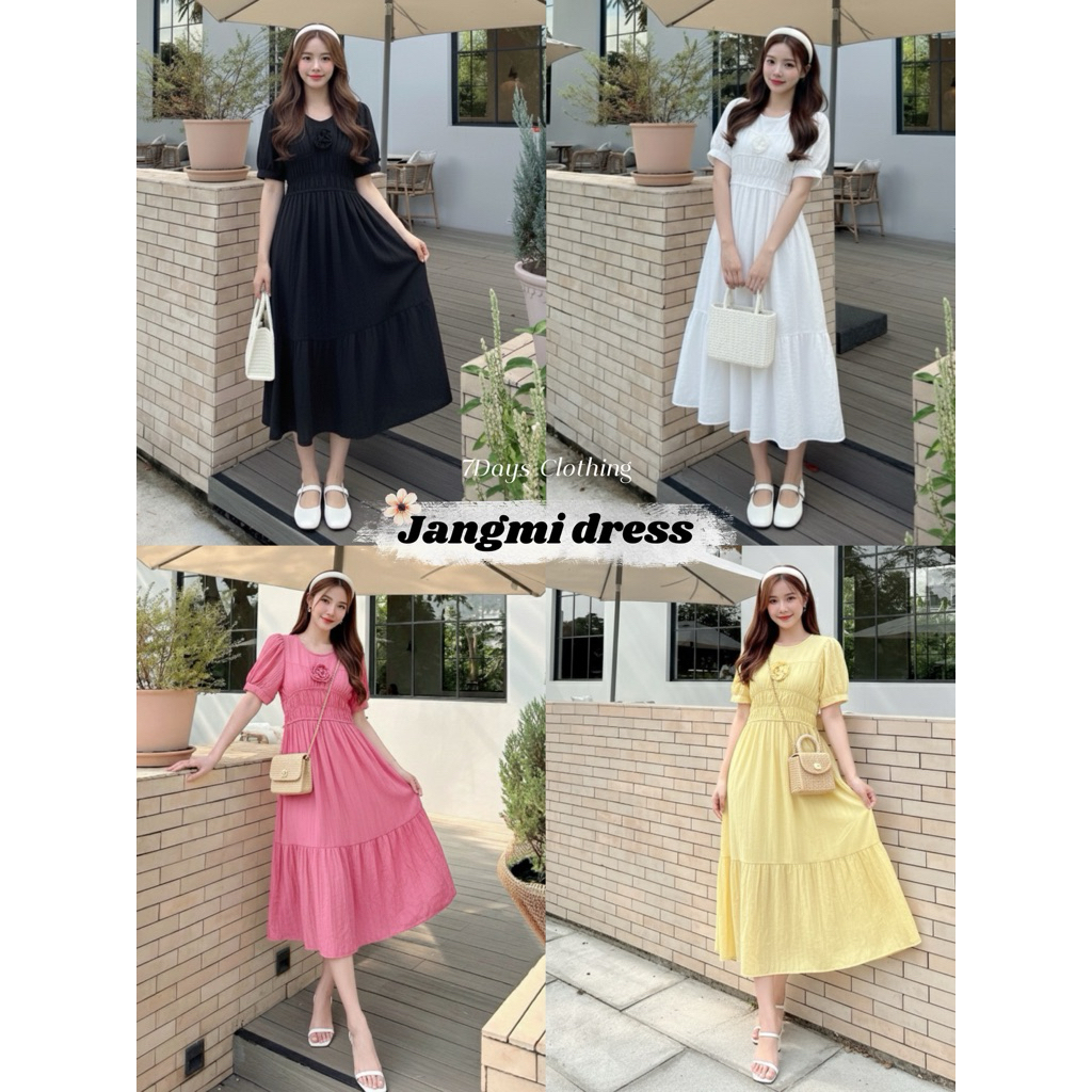 7Days Clothing เดรสเกาหลี แต่งกุหลาบ มีซับใน เอวยืด จังหวะสวย Jangmi (สีสันหวานละมุน)