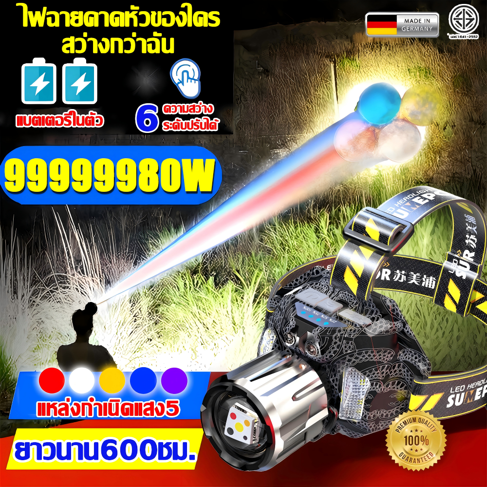 【คืนกลายเป็นกลางวัน】ไฟฉายคาดหัว 30000mAh 99999980w เซนเซอร์+จอแสดงผล แหล่งแสง5สีซุป ซูมแบบยืดหดได้ ปรับได้120° ไฟคาดหัว