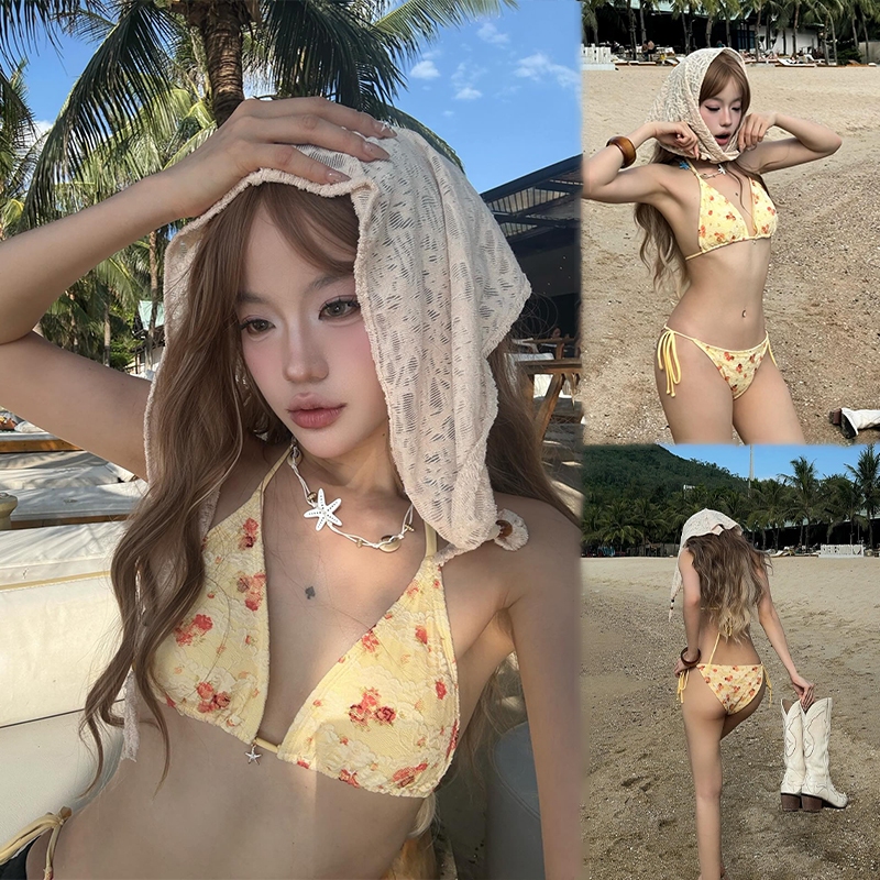 Victoria's ชุดว่ายน้ำbikini ทูพีช ชุดบิกินี่ ลายดอกไม้ พื้นผิวถูกปกคลุมด้วยผ้าลูกไม้#1012