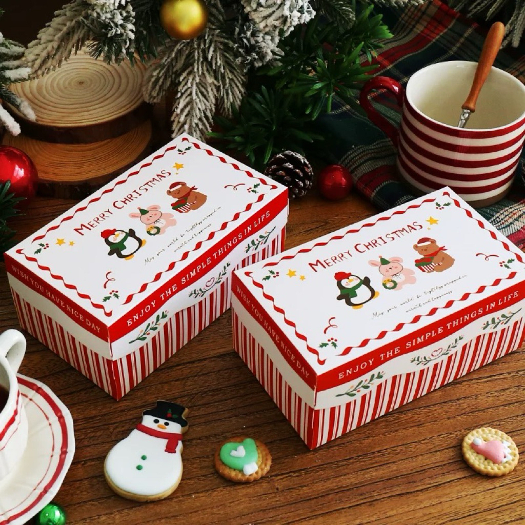 📦 กล่องกระดาษพิมพ์ลายคริสต์มาส Merry Christmas 🎄🐧🐻🐰 | กล่องคุกกี้ กล่องเบเกอรี่ แพ็ก 5 ใบ