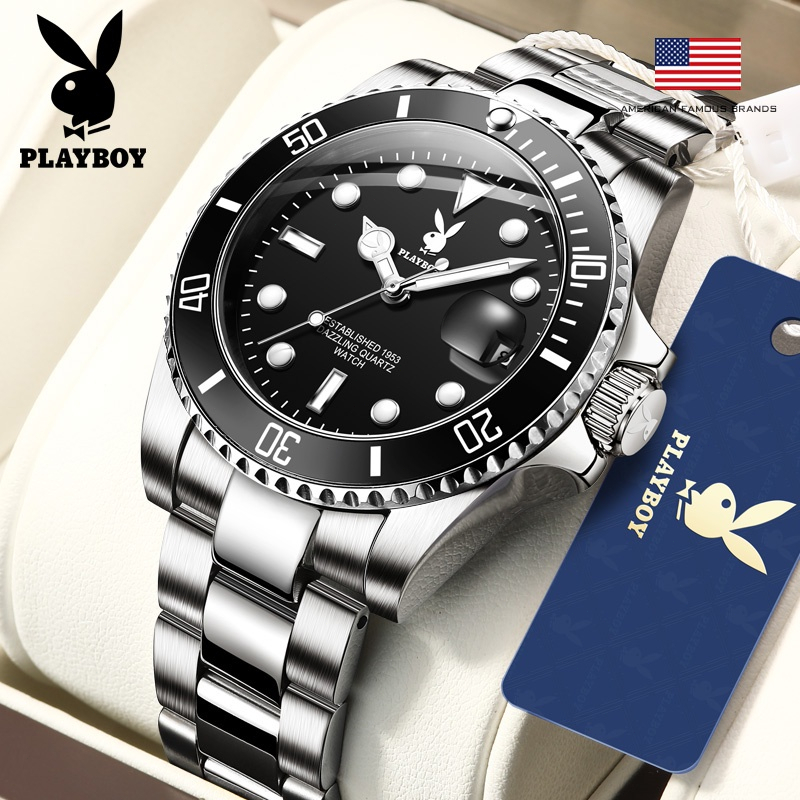 PLAYBOY （ขายแฟลช） สปอตสินค้า นาฬิกาผู้ชาย กันน้ำ ธุรกิจ พร้อมกล่อง ดูเวลา ดูวันที่ เรืองแสง สายสเตนเลส รับประกัน 3 ป3028