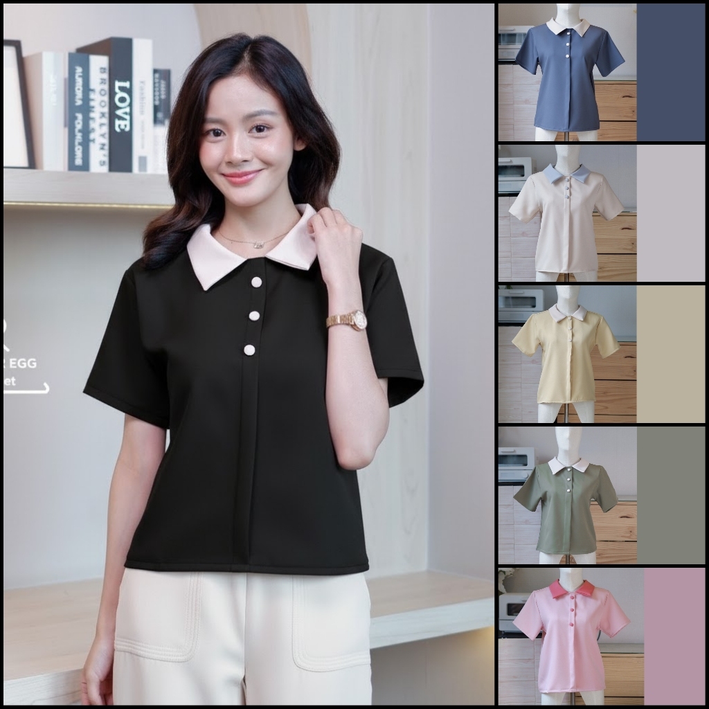D15 เสื้อทำงาน แขนสั้น คอปก ทูโทน เสื้อยืด แฟชั่น เเต่งกระดุมปั๊ม มินิมอล Easter Egg